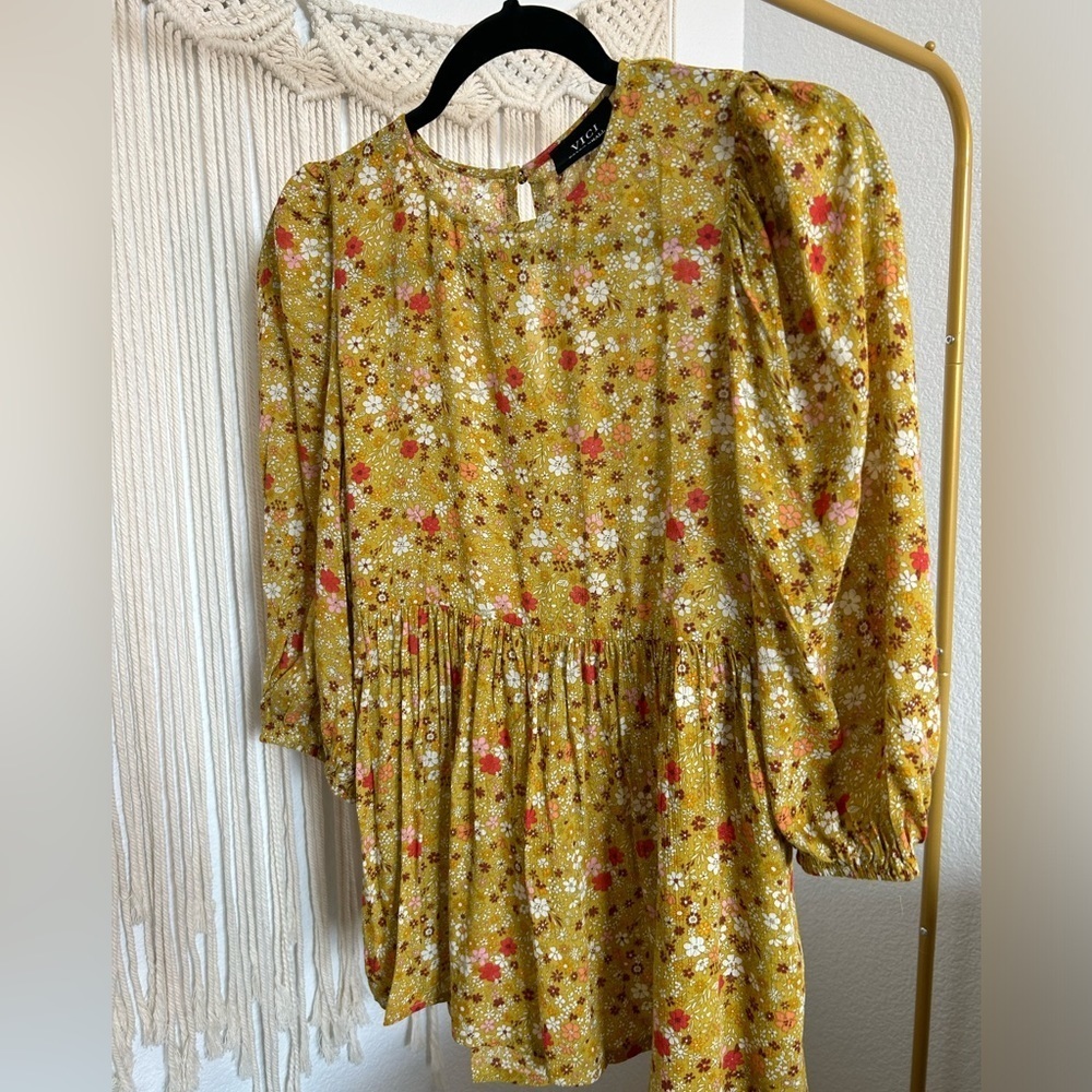 VICI Floral Babydoll Peplum Mustard  Mini floral Yellow Boho Cottagecore Top - Picture 11 of 11